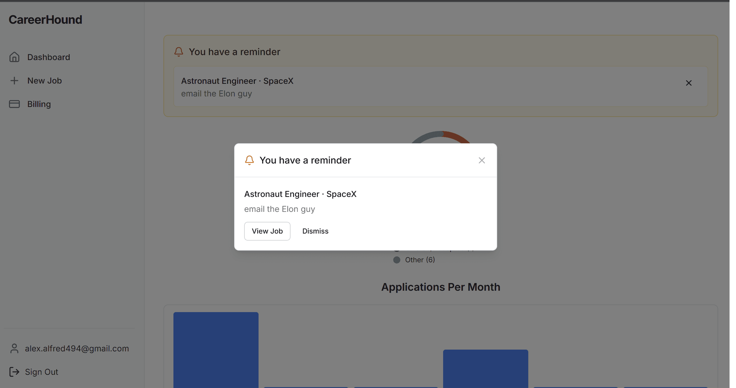 A CareerHound dashboard reminder popup for a job application follow-up